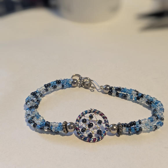 Handmade Multistrand Blue and Silvertone Beaded Bracelet - Picture 1 of 3